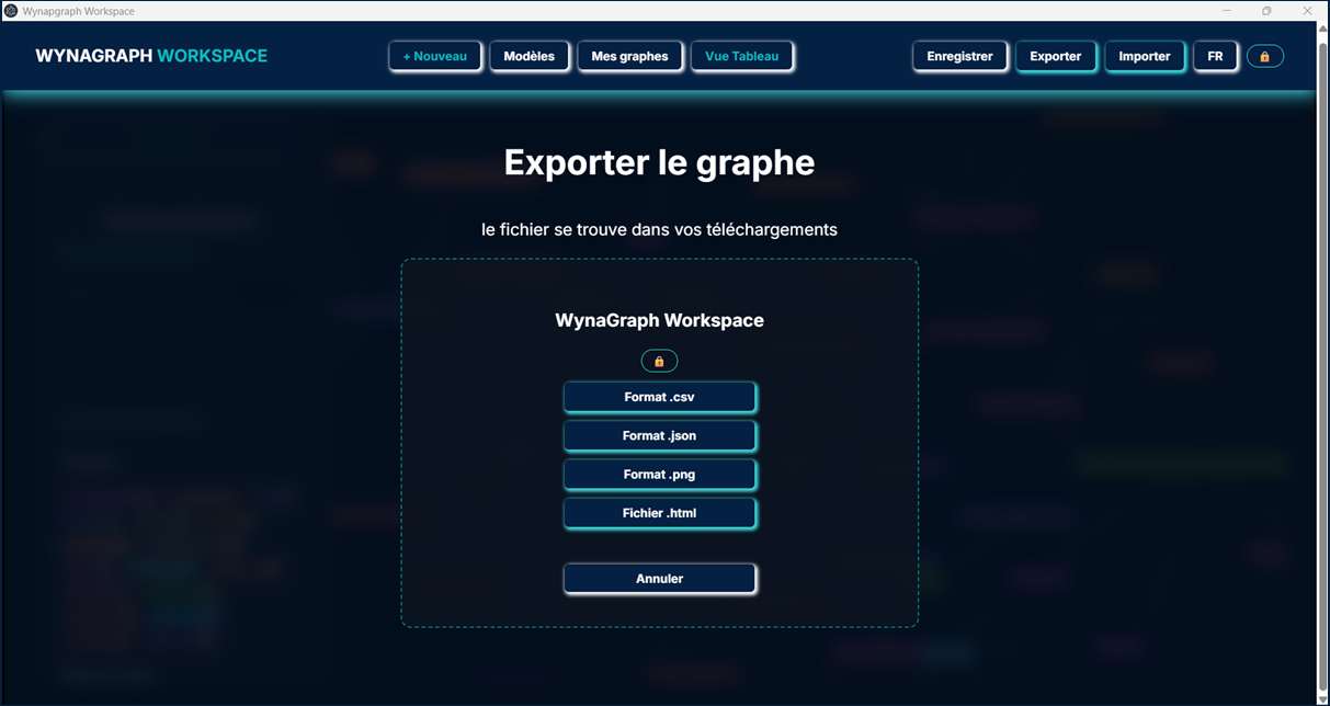 Fenêtre d'export proposant les formats CSV, JSON, PNG et HTML.