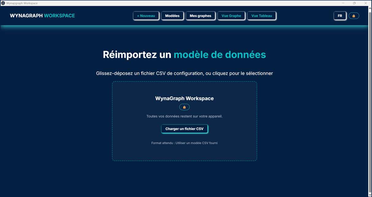 Écran d'import : zone de glisser-déposer pour charger un fichier CSV de configuration.