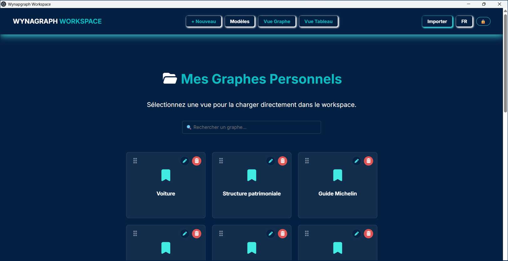 Écran Mes graphes personnels : champ de recherche et vignettes des graphes enregistrés, avec boutons renommer et supprimer.