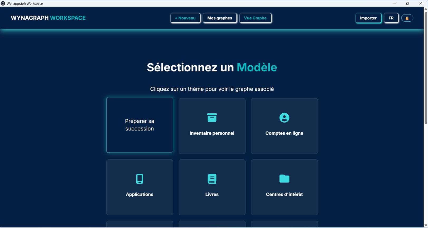 Écran de sélection des modèles : tuiles Préparer sa succession, Inventaire personnel, Comptes en ligne, Applications, Livres, Centres d'intérêt.