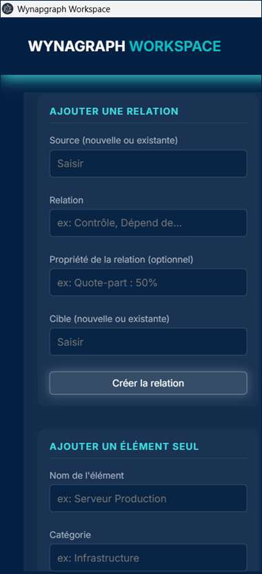Panneau latéral de saisie : champs Source, Relation, Propriété de la relation et Cible, puis bloc Ajouter un élément seul.